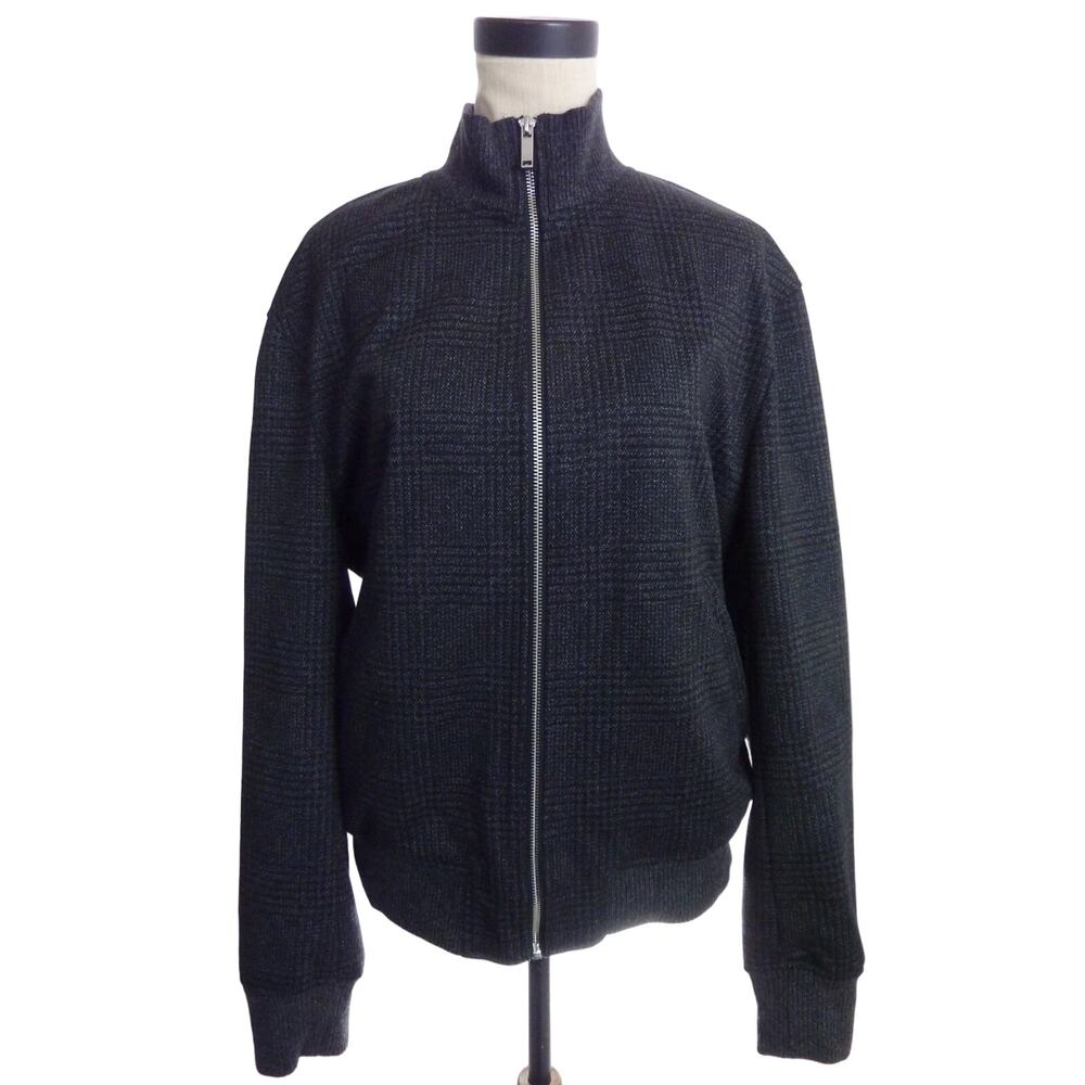 Zara Womens Large Dark Gray Black Plaid Zippered Bomber Jacket Mock Turtleneck L
